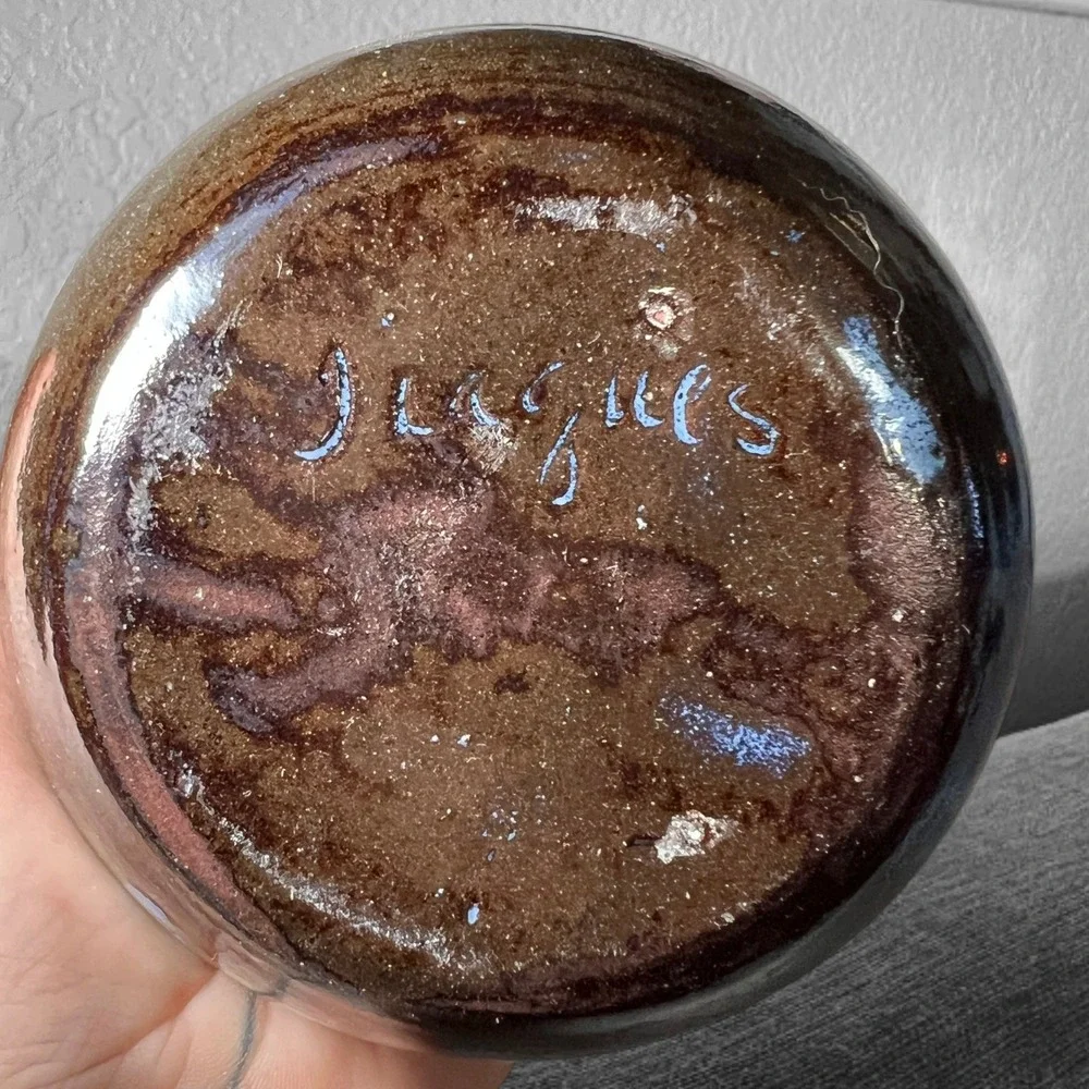 Handmade Studio Pottery Floral Frog Vase Brown Blue Glaze Signed Small Round USA